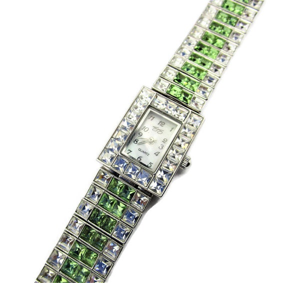 Suzanne Somers Deco Watch/green Square Channel Set Stones  display picture 3