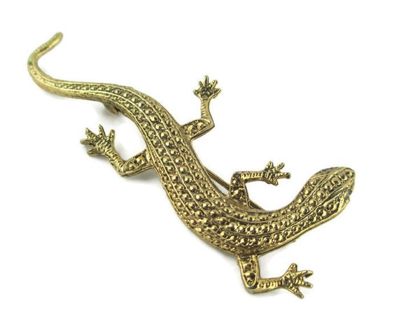 Fabulous Vintage Golden Lizard Rhinestone Eyes Pin - image 3