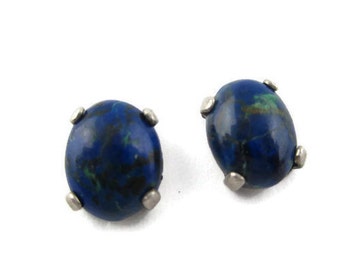 Vintage Azurite Lapis Cabochon Sterling Silver Earrings 2.g