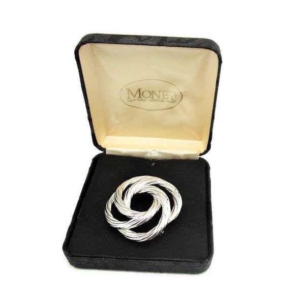 Monet Interlocking Circles Brooch/ Silvertone  Cable Knot Pin /Mint In Original Monet Black Damask Display Box