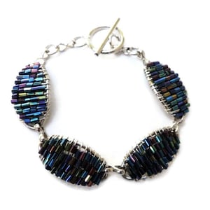 Vintage Silvertone rodio acabado Wired cristal pulsera del grano palanca - ID regalo