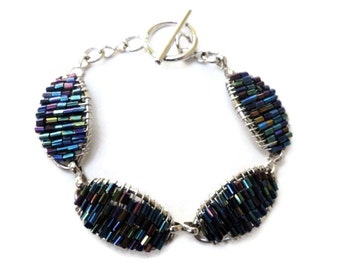 Vintage  Silvertone  Rhodium Finished  Wired Glass Bead Toggle  Bracelet - Eid gift