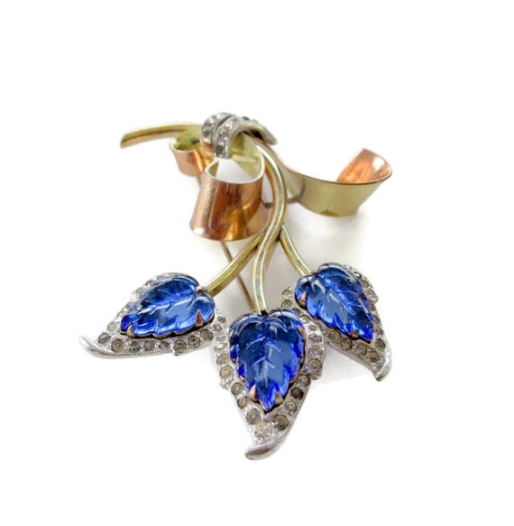 KREISLER Retro Glass Leaves Brooch/Clear Chaton Rhinestones/ Prong set Blue Pressed-Glass/Tri Color Foliage/Art Deco Tutti Frutti Style Pin View 5