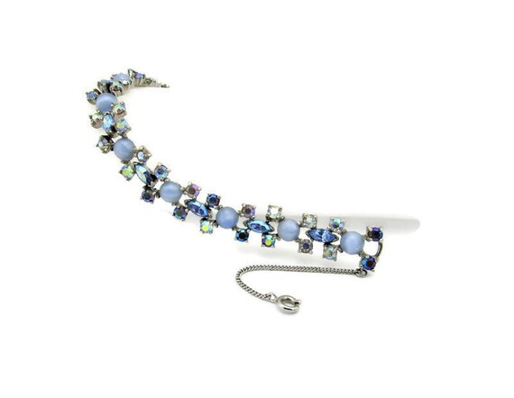 Jomaz Blue Moonstone Bracelet/ Blue Aurora Borealis Rhinestones /Silver Rhodium Finished/Mazer Brothers Joseph Mazer Design / Security Chain