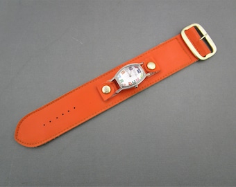 Orange Hippie Watch Band/SUTTON  Quartz Timepiece/ New Battery/White Guiloche Dial/Oblong Retangular  Bezel /Faux Leather Leatherette