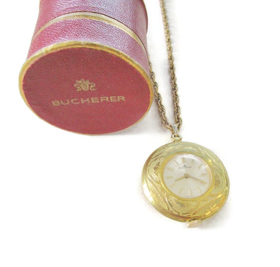 Bucherer Necklace Watch/17 Jewel Movement/Champag… - image 1
