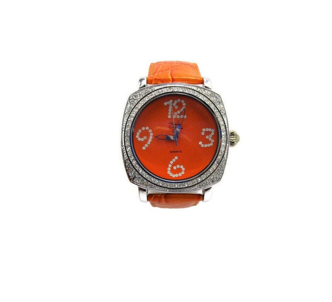 Suzanne Somers Orange Leather Watch, Silver Crystal Bezel - Etsy