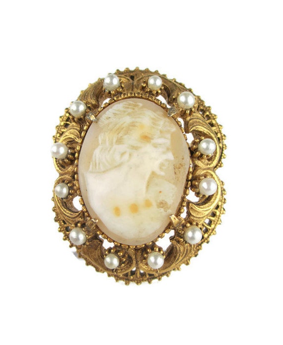 Vintage 1960/'s Signed Florenza Gold ToneBlackFaux Pearl Brooch