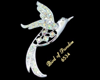 Vintage Sarah Coventry Bird of Paradise AB Rhinestone Silver Tone Brooch Pin - On Original Card, New From Old Stock