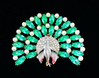 Reinad Peacock Brooch/Huge Silver Tone Art Deco Fancy Pin/Translucent Green Navette Rhinestones/ Faux Pearl Accents/Clear Crystal Chatons