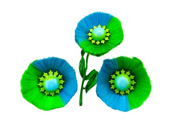 Hattie Carnegie Dynel Flowers /Green & Blue Synthetic Silk fiber Petals/ Enamel Dome Centers and Stem/ Gold Tone Clips and Backs