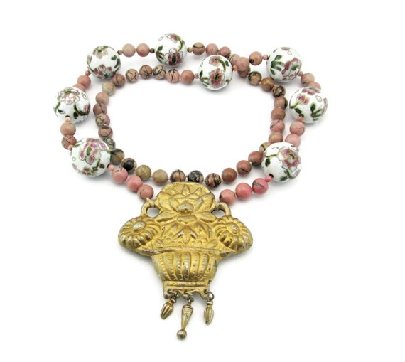 Chinese Export Rhodonite Necklace/Gilt Flower Bas… - image 2
