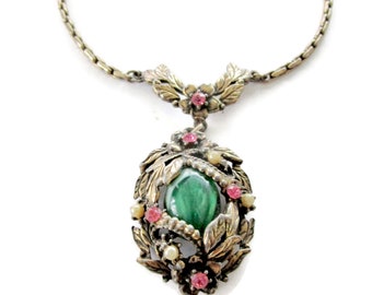 Victorian Revival Pendant Necklace/Pink Rhinestones/ Faux Pearls /Marbled Green Lucite Cab/Antiqued Gold Tone Foliage