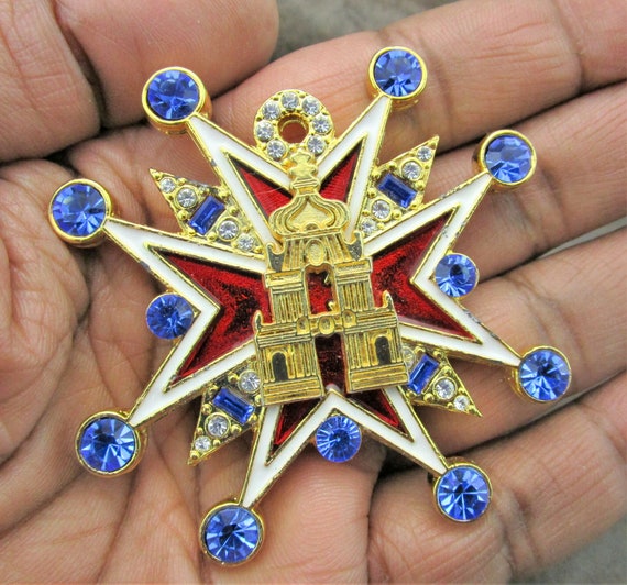 Cross of Malta Romanov Brooch/clear & Blue Chatons/blue Baguette