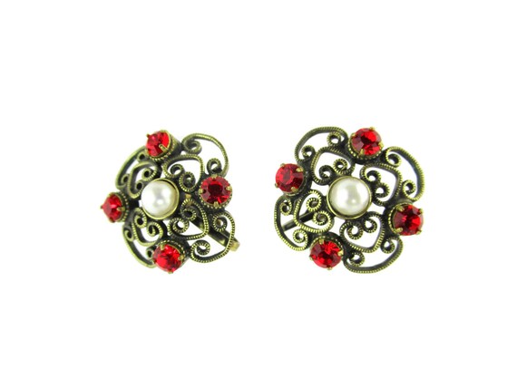 Red Rhinestone Scrollwork Earrings/ Faux Pearls S… - image 4