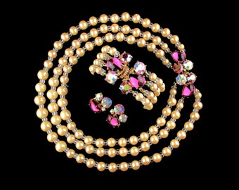 Elsa Schiaparelli Parure /Pink Pear Pendaloque Cabochons/Aurora Borealis Chatons/Glass Champagne Satin Luster Faux Pearls /Graduated Beads