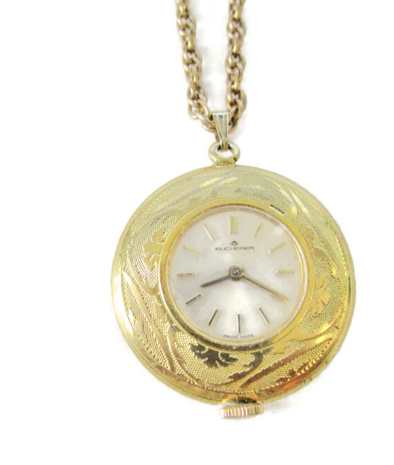 Bucherer Necklace Watch/17 Jewel Movement/Champag… - image 3