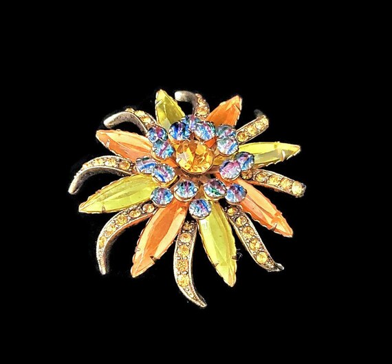 Selini Flower Brooch/orange & Yellow Lucite Navette Stones