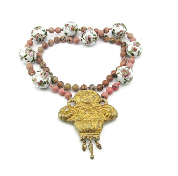 Chinese Export Rhodonite Necklace/Gilt Flower Bas… - image 7