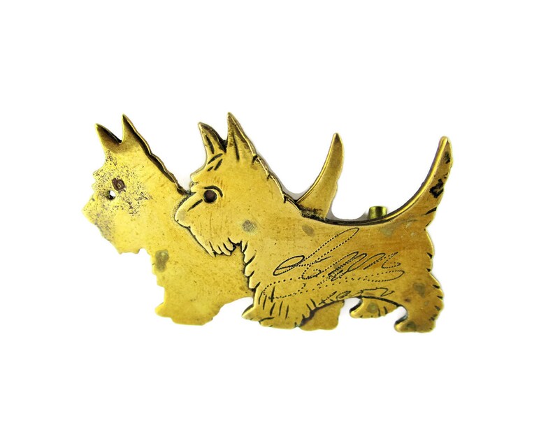 Double Scottie Name Pin Engraved ANN Scottish Terriers Victorian Two dogs Dog Lovers Gold Filled Brooch