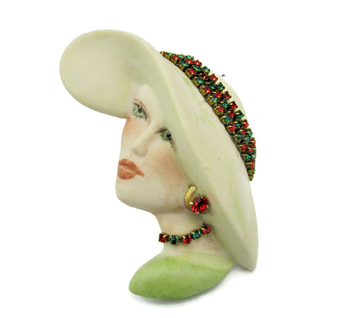 Porcelain Lady Face Brooch/green & Red Rhinestone Wide Brim Etsy