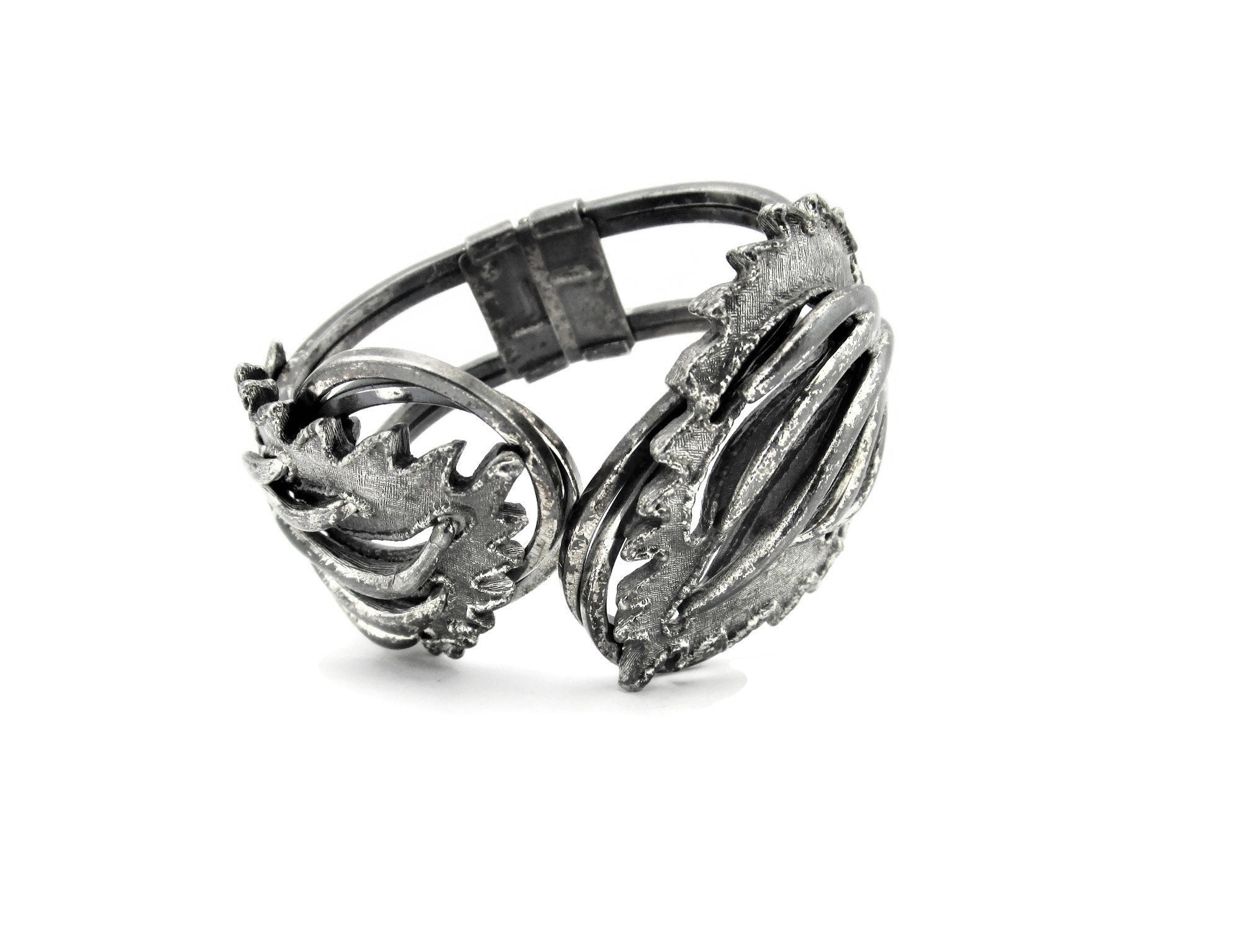 Tortolani Bypass Hinged Bracelet/ Chunky Ox Silver Tone Leaf