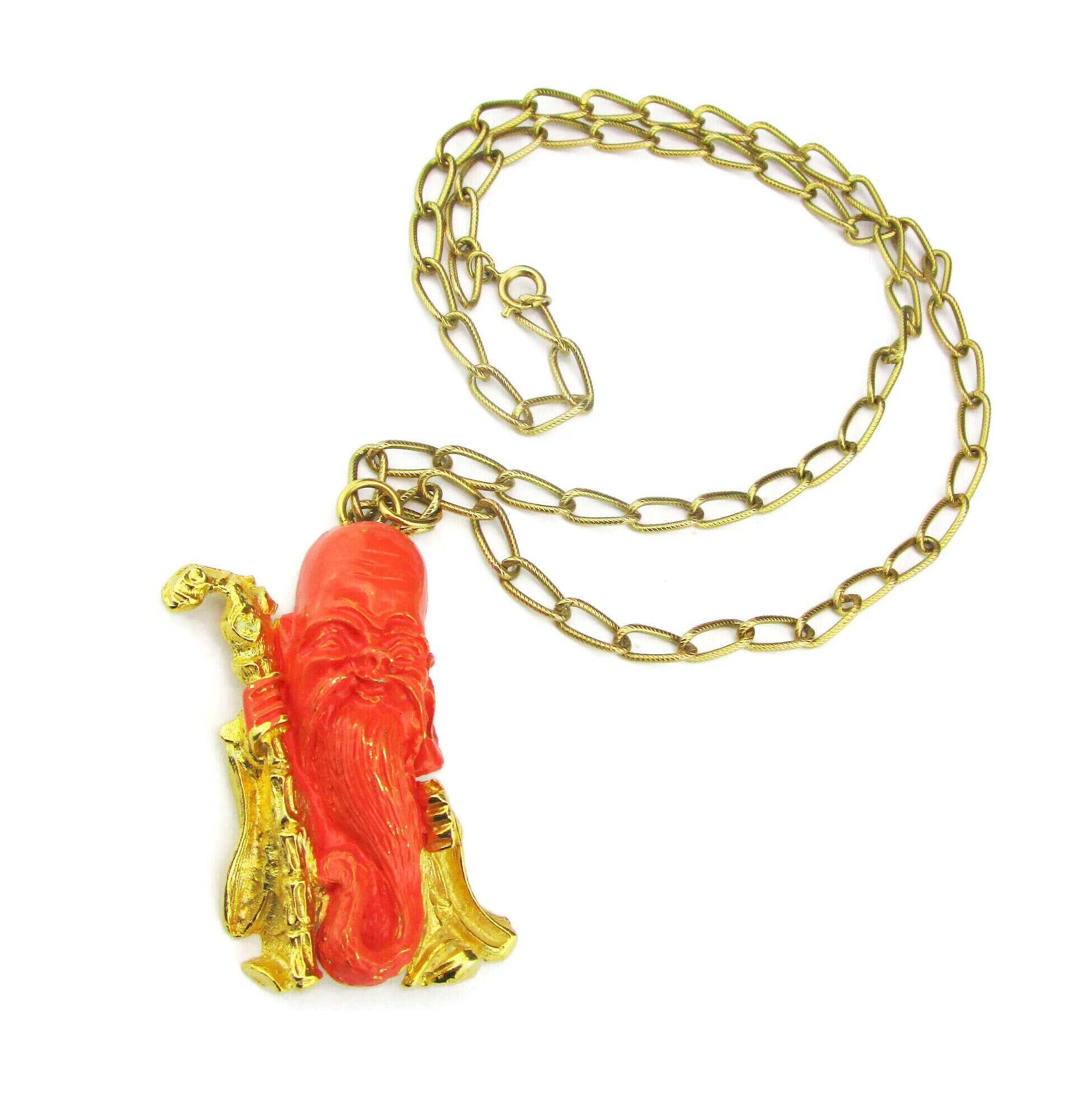 Fukurokuju Pendant Necklace/Fortune god of Longevity Wisdom/Faux Coral Orange Enamel Gold Tone/Asian Wise Man Long Beard and Walking Stick
