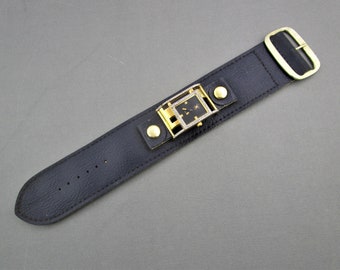 Navy Blue Hippie Watch Band/Seiko Epson Quartz Timepiece/New Battery/ Black Dial MODERNIST Oblong Rhinestone Bezel /Faux Leather Leatherette
