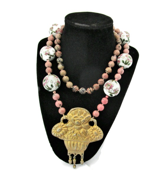 Chinese Export Rhodonite Necklace/Gilt Flower Bas… - image 3