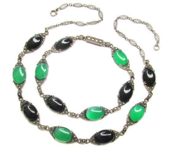 Art Deco Sterling Chrysoprase Onyx Marcasite Demi Parure/ Bracelet & Necklace/ French Filigree chain/High Dome cabochons in Oval Links
