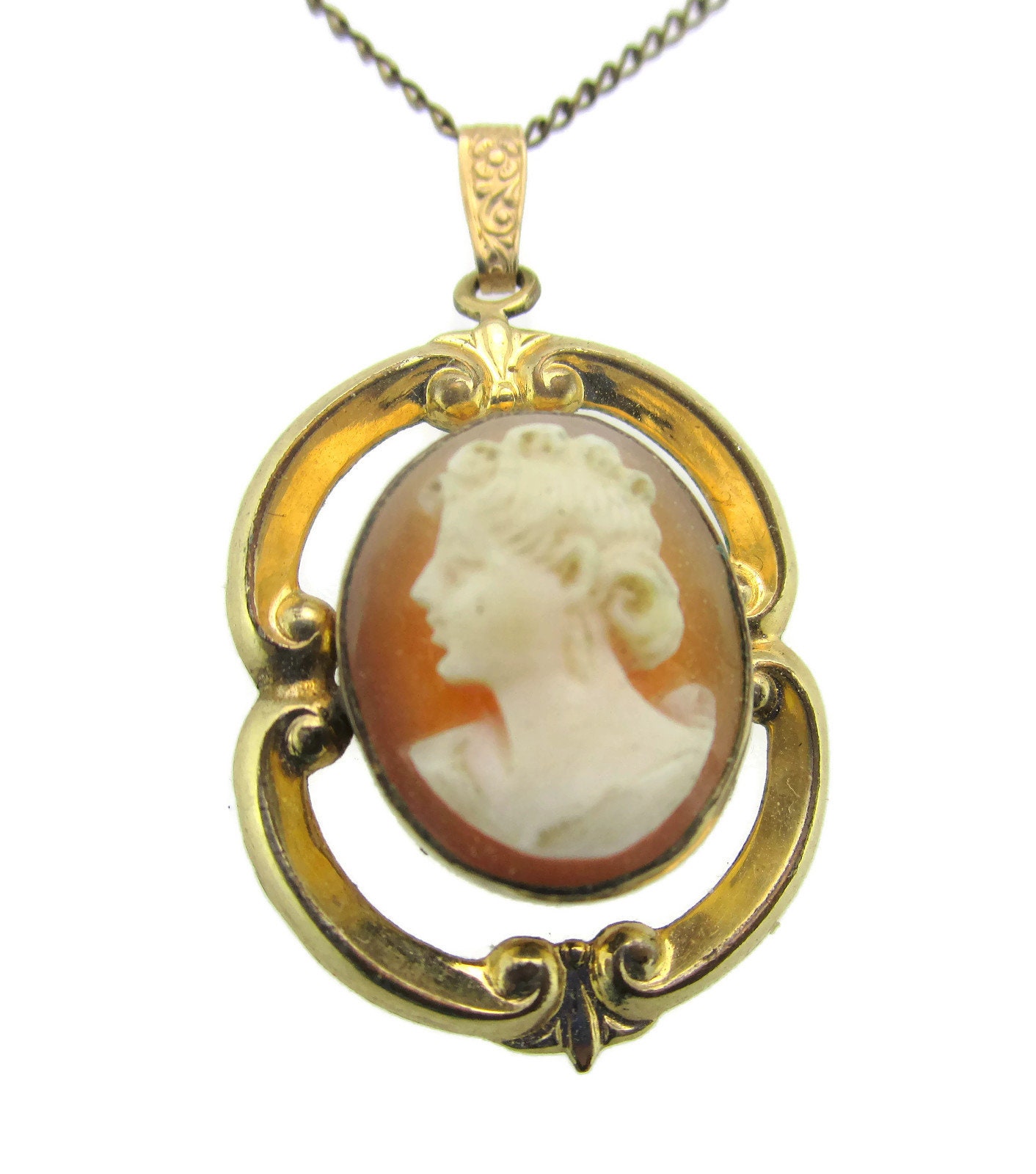 12k Gold Filled Cameo Necklace/ Victorian Carved Shell Cameo