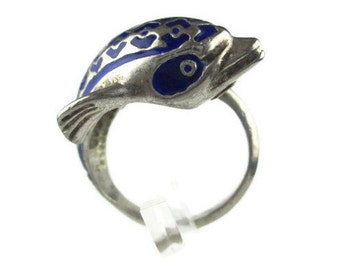 Vintage Chunky Enamel Dolphin Sterling Silver 925 Bypass Adjustable Ring Size 7