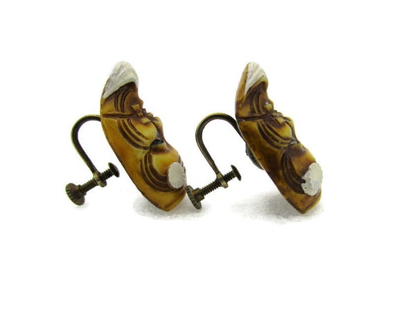 Art Deco OKINA Noh Screwback Earrings/Celluloid E… - image 3