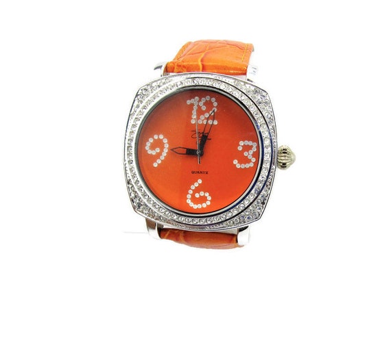 Suzanne Somers Orange Leather Watch, Silver Crystal Bezel - Etsy