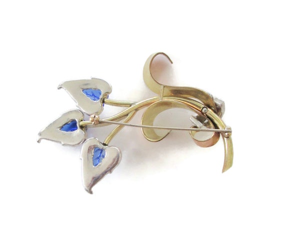 KREISLER Retro Glass Leaves Brooch/Clear Chaton Rhinestones/ Prong set Blue Pressed-Glass/Tri Color Foliage/Art Deco Tutti Frutti Style Pin View 3
