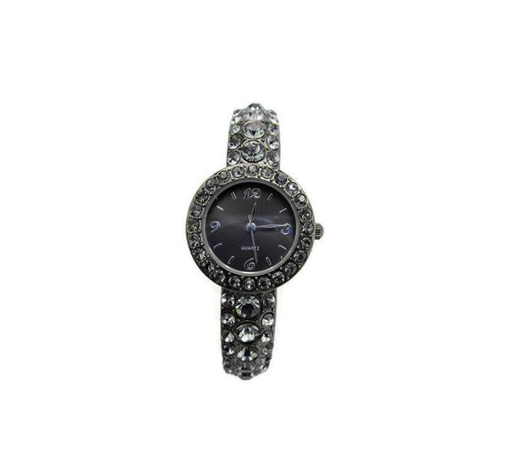 Gunmetal Bangle Watch/smokey Grey Black Diomond Rhinestones