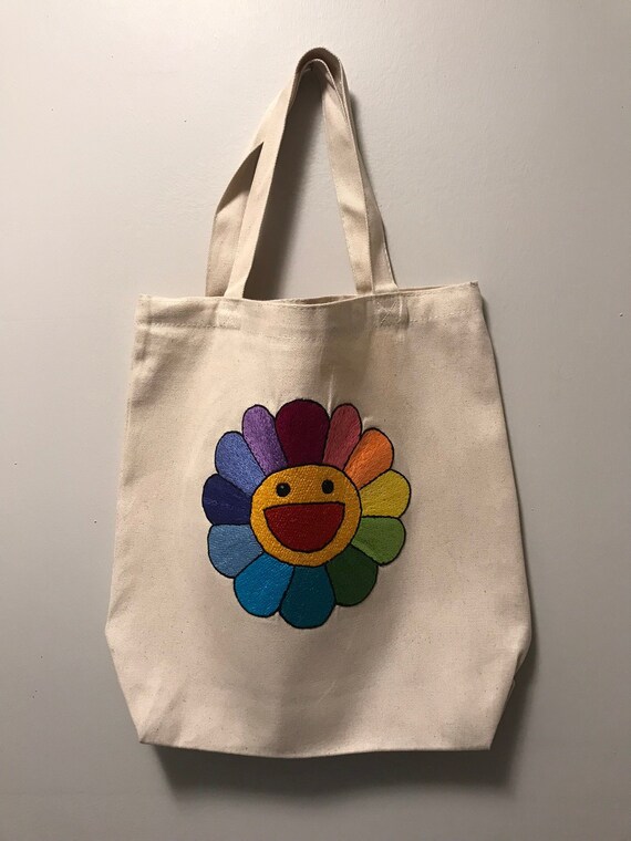 Hand Embroidered Takashi Murakami Flower Canvas Bag Etsy