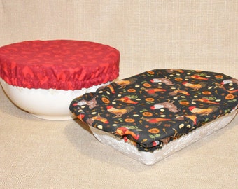 Fabric Bowl and Casserole Cover SET of 2, Reversible, Roosters and Farm, Ready to Ship