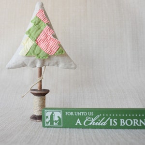 Christmas Tree Shelf Sitter, Repurposed Quilt Christmas Tree on Linen, Ready to Ship