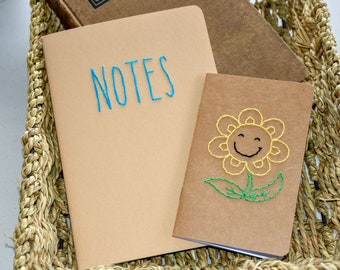 Hand Embroidered  Kraft Notebook, Journal, Set of 2 Large and Small