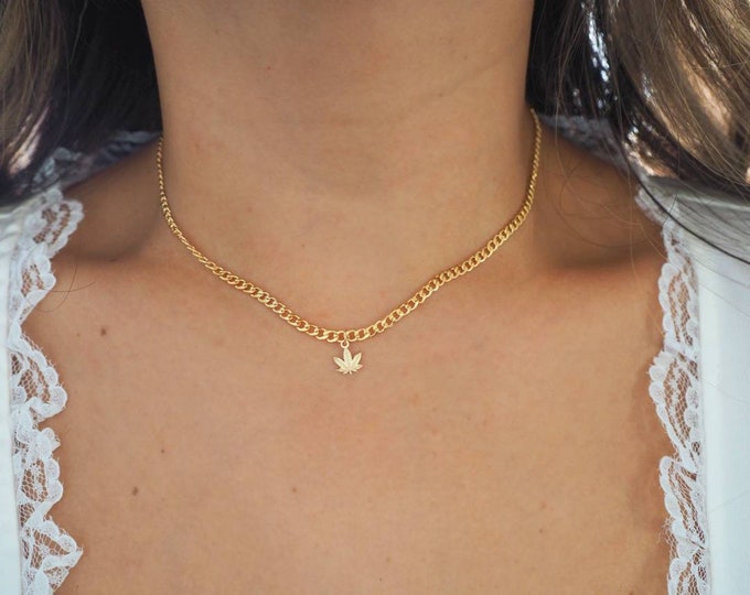 14k Gold Filled with 14k Solid Gold Cannabis Leaf Charm Necklace | Flat Slick Curb Chain