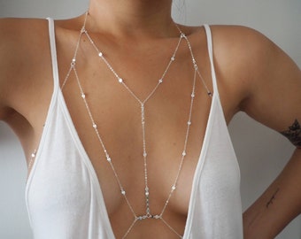 STERLING SILVER Tiny Coins T-Row Dainty Chain Bralette Halter Top Body Chain | Chain Bralette | Sterling Silver Body Chain