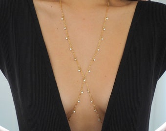 14k Gold Filled Hanging CZ Diamonds Dainty Body Chain | Version 2.0