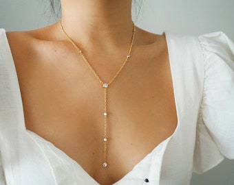 14k Gold Filled with CZ Diamonds Braided Rope Chain Lariat Y Necklace | Real Gold Necklace