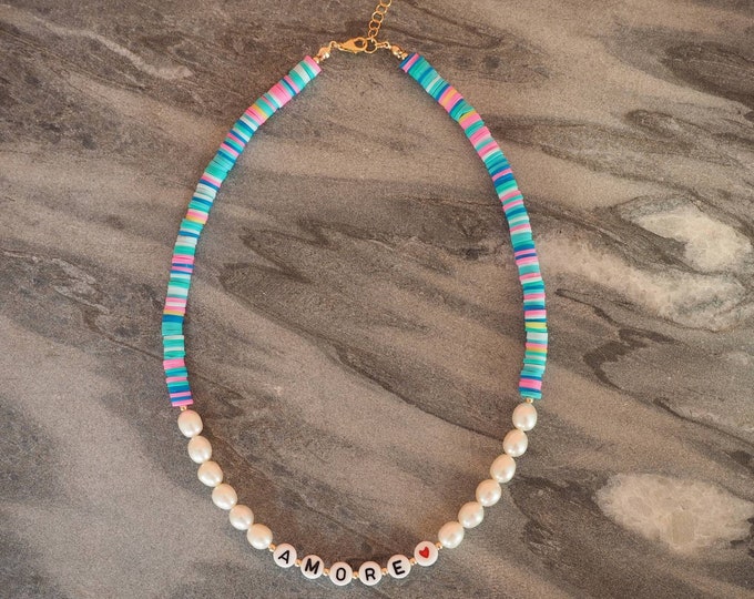 Custom Name 14k Gold Filled w/ Freshwater Pearls and Colorful Beads Word Necklace | BRIGHT BLUE