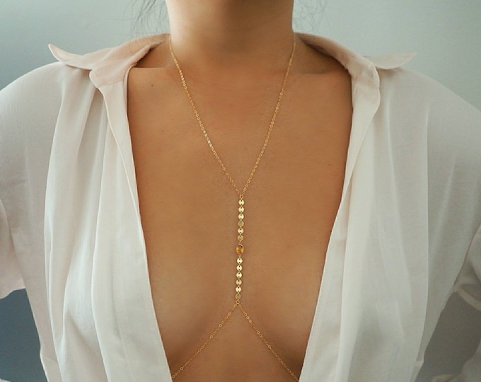 14k Gold Filled with 14k Solid Gold CITRINE Oval Coin Line Dainty Body Chain | Real Gold Body Chain