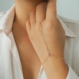 14k Gold Filled Hand Piece: with Solid Gold White Topaz Dainty Bracelet