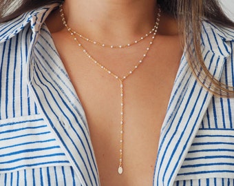 14k Gold Filled White Beaded Chain Double Lariat Necklace