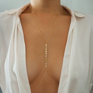14k Gold Filled Body Chain with Solid Gold  White Topaz Coin Line, Dainty Jewelry
