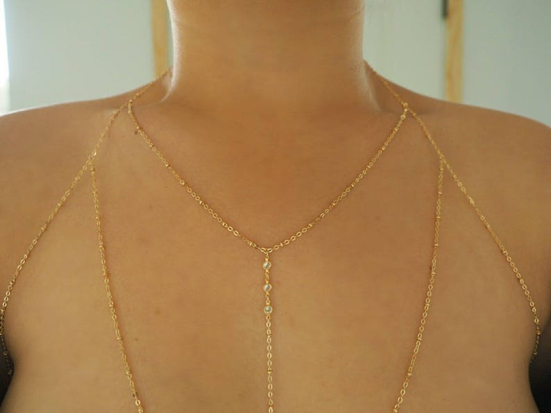 14k Gold Filled T-Row Dainty Halter Top Body Chain withCZ Diamonds image 8